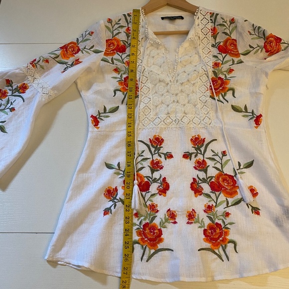 Boston Proper Embroidery Floral Bell Sleeve Linen Blouse White Orange Medium - Picture 13 of 16